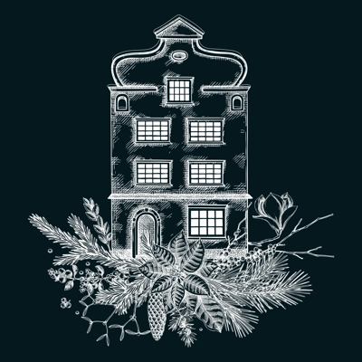 Christmas card design. Architecture sketch. Vintage house drawing on chalkboard. European winter hand-drawn vector illustration. Floral art. NOT AI generated